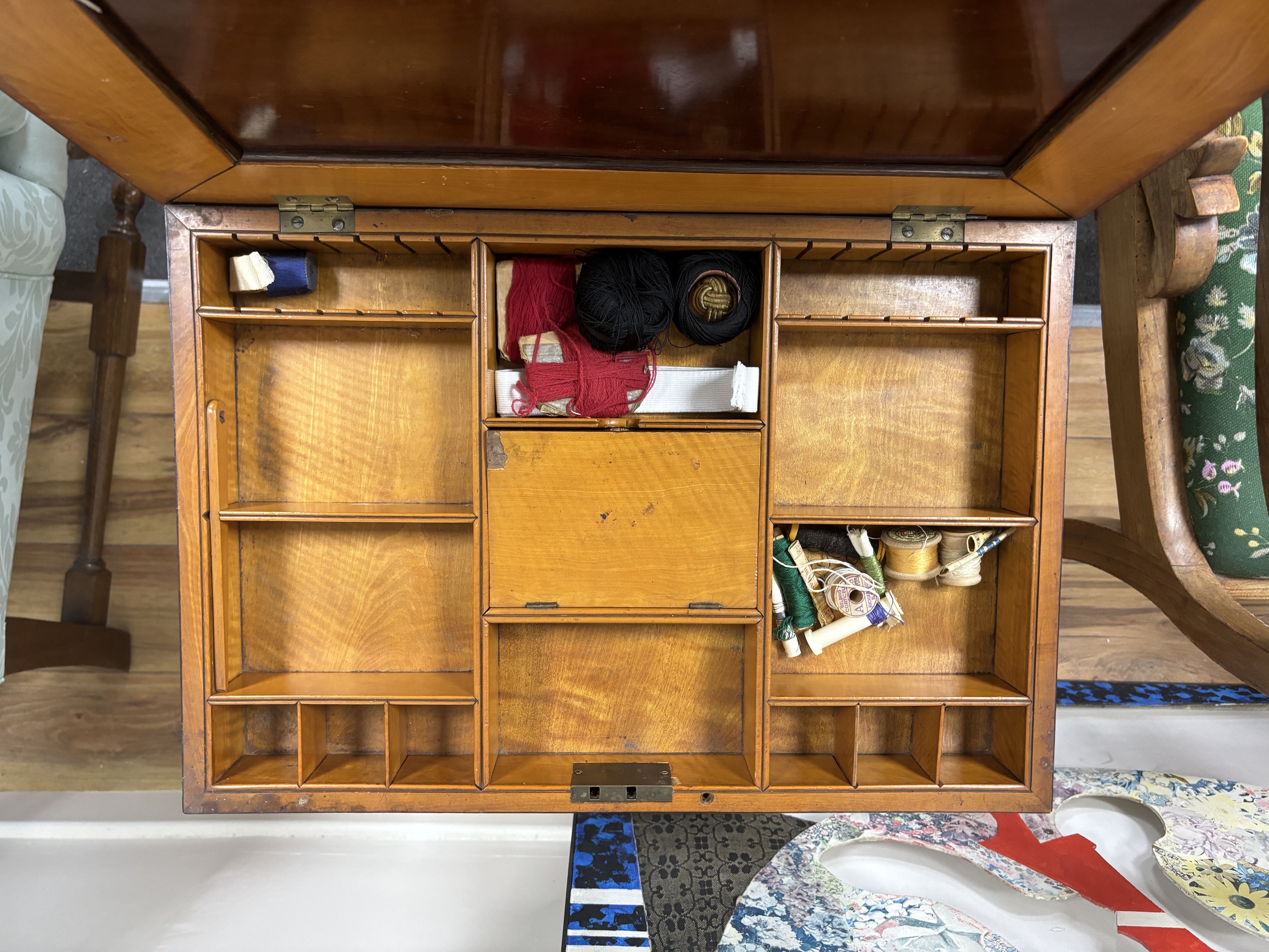 An early 19th century Dutch rectangular mahogany sewing table, width 49cm, depth 34cm, height 72cm